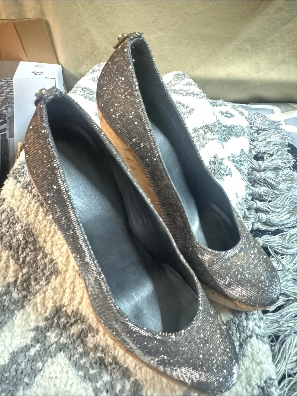 Stuart Weitzman Black Glitter Slip-On Heel